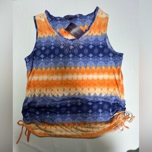 GLORIA VANDERBILT TANK TOP WITH SIDE RUCHED SLEEVELESS TOP ORANGE& BLUE 
SIZE XL